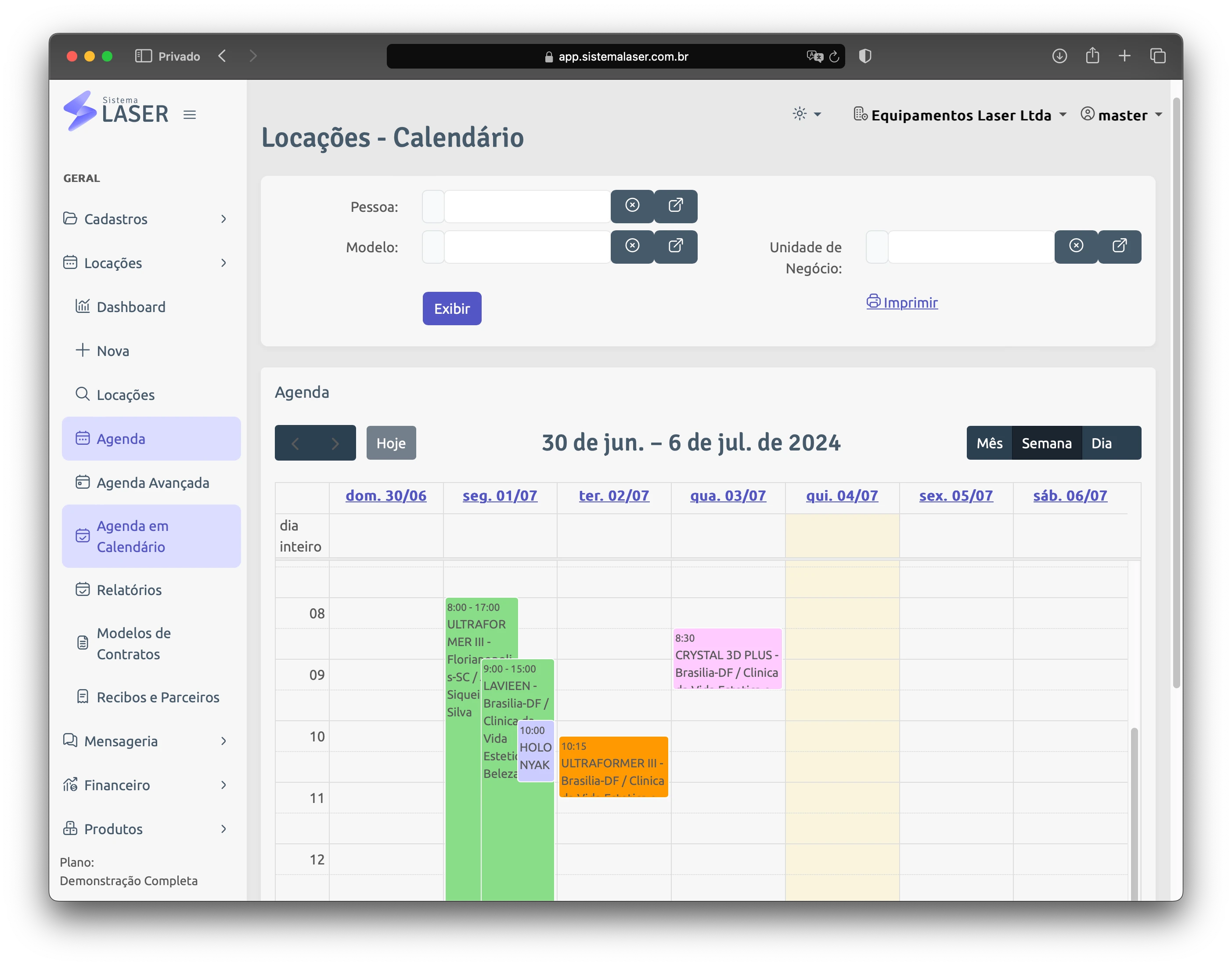 Calendário de locações com filtros e disponibilidade