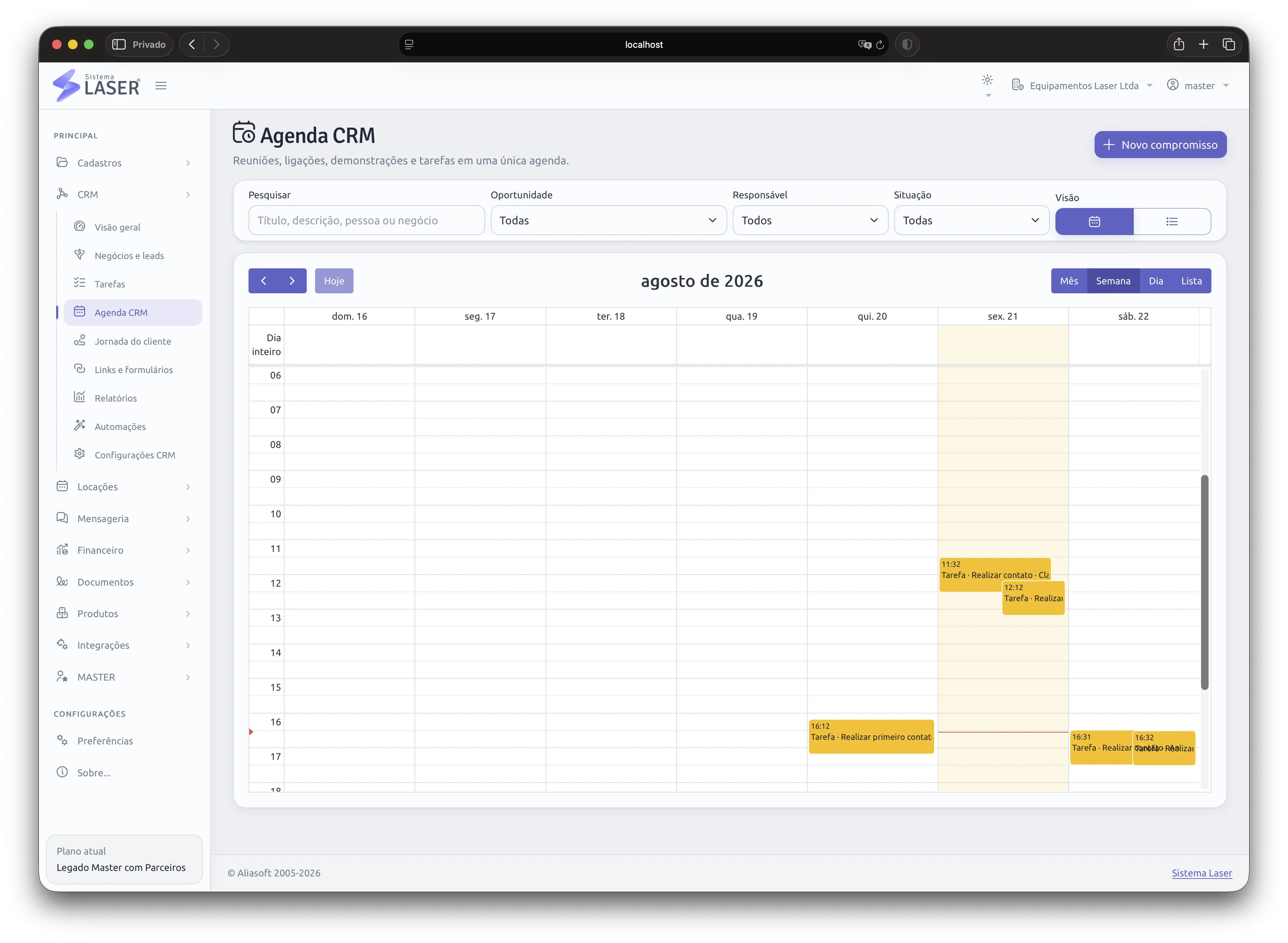 Agenda semanal de atividades do CRM Sistema Laser