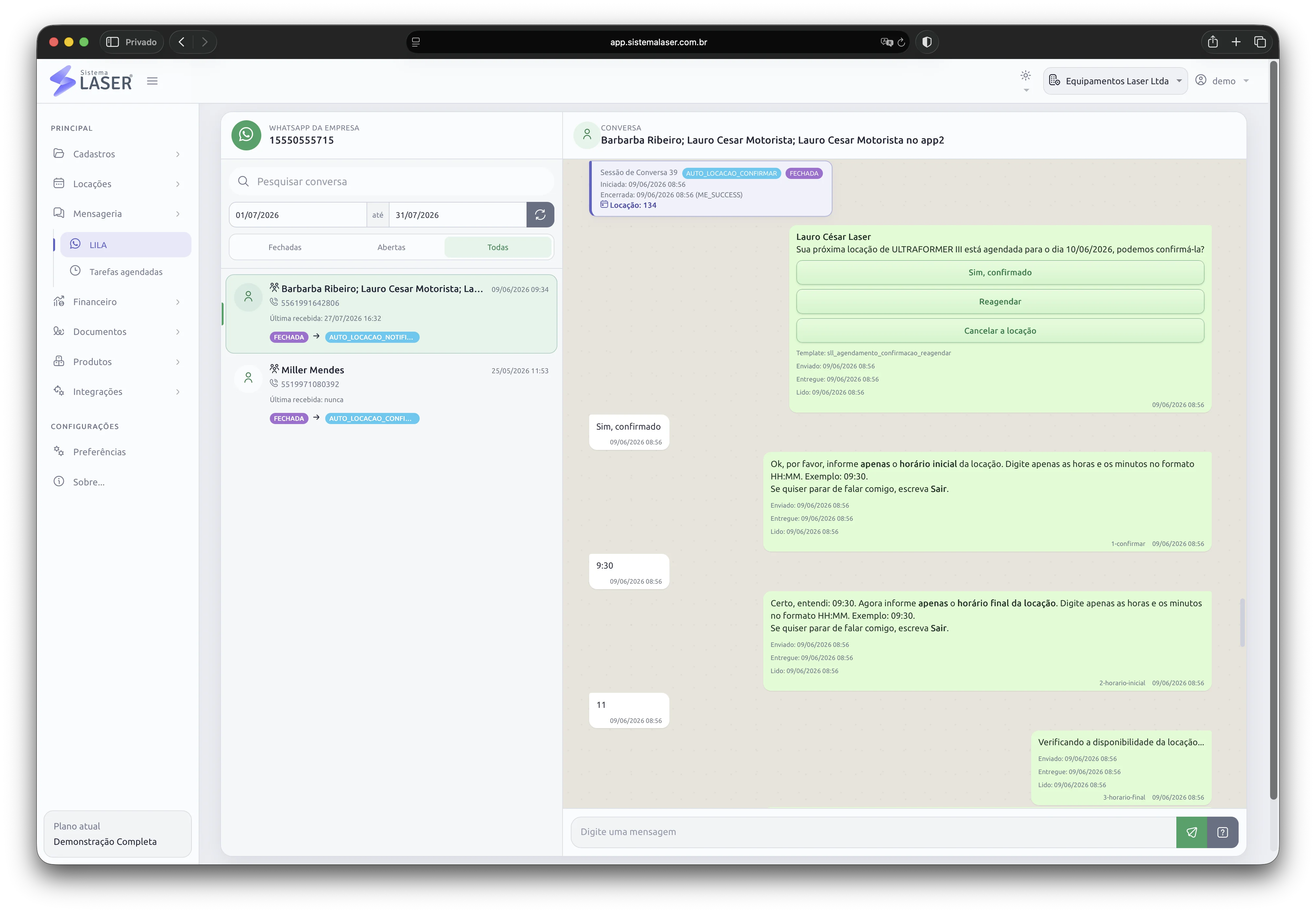 Conversas automatizadas e atendimento da LILA pelo WhatsApp dentro do Sistema Laser