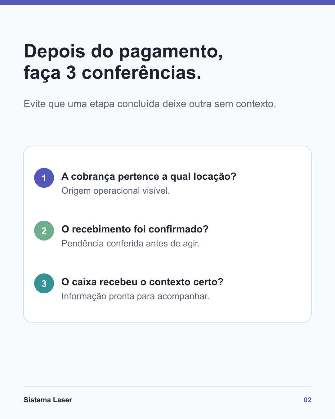 Checklist visual com três conferências depois do pagamento de uma locação
