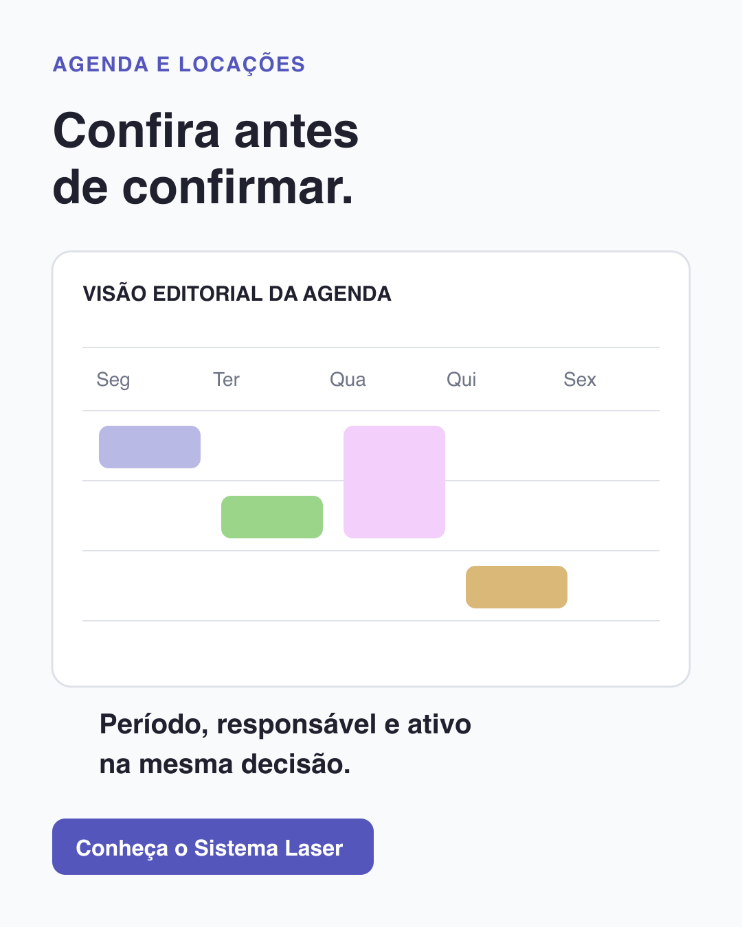 Representação editorial de agenda de locações com blocos coloridos sem dados reais