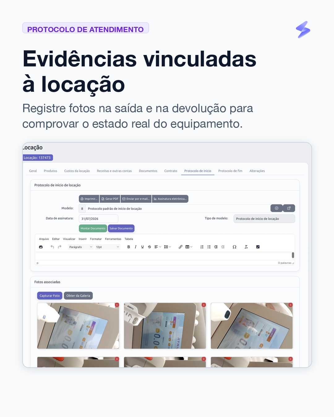 Protocolo de atendimento com fotos associadas e checklist de entrega