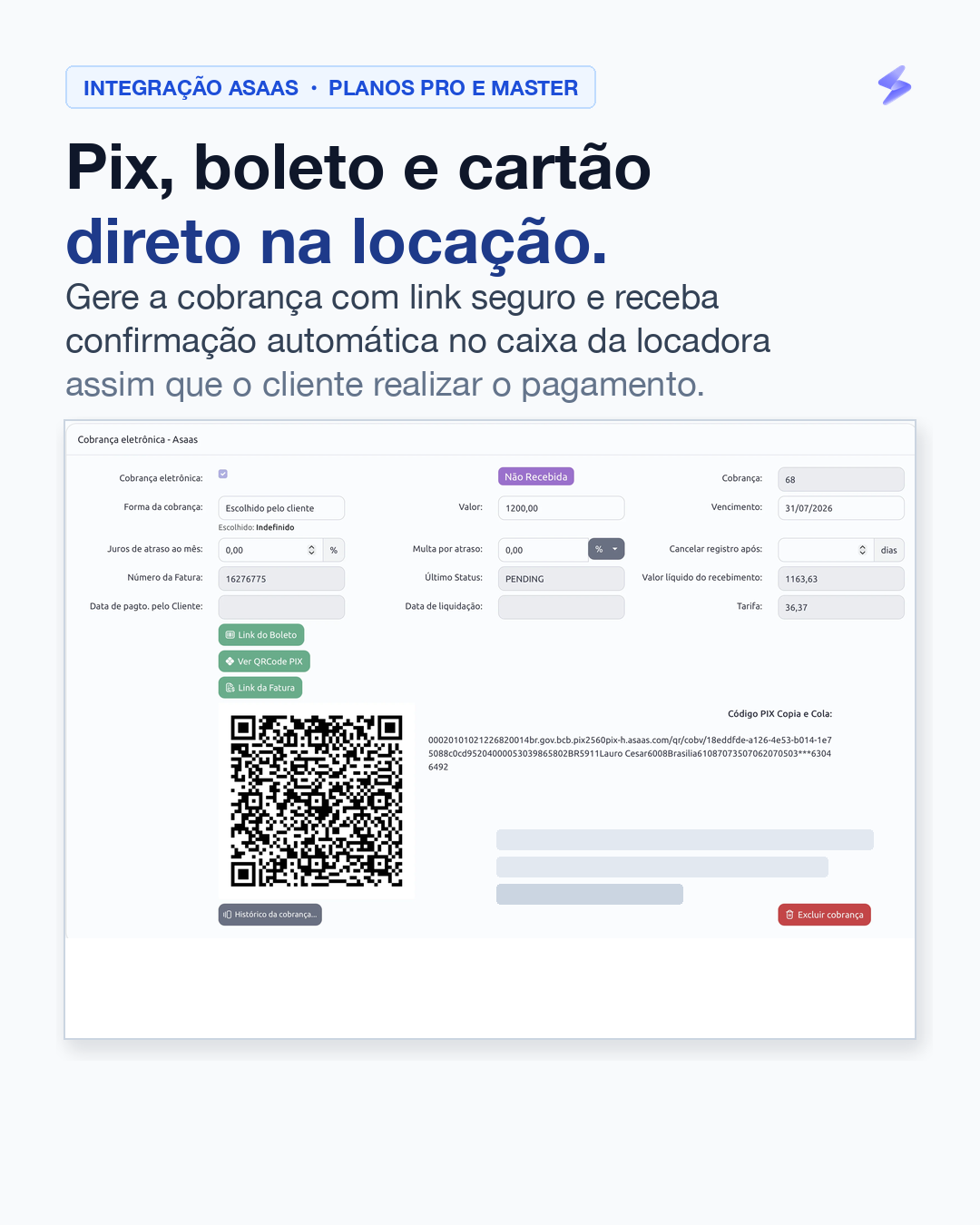 Tela de cobrança integrada do Sistema Laser com Pix, boleto e extrato de recebimentos