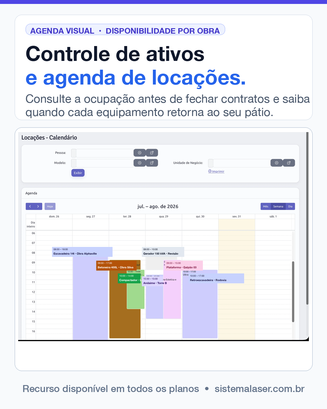 Tela do Sistema Laser demonstrando a agenda semanal de locações por máquina e obra