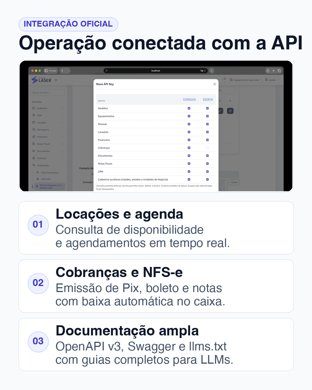 Interface de integração de API e documentação OpenAPI no Sistema Laser