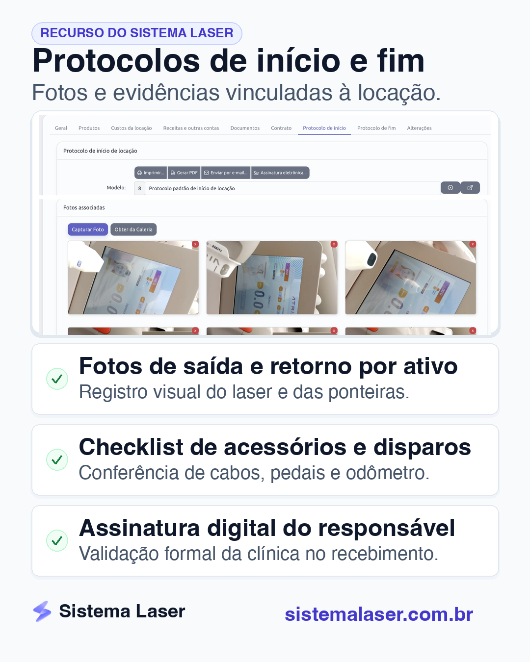 Protocolos de início e fim com fotos associadas no Sistema Laser
